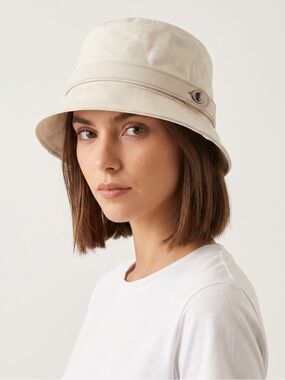 Vintage Coach Beige Canvas & Leather Trim Bucket Hat Logo Lined Women’s Size M/L